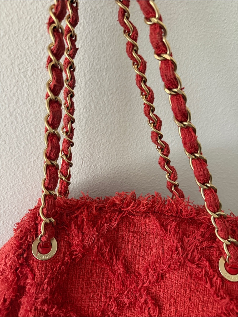 CHANEL Red Tweed Chain-Handle Tote with Gold CC Logo - Picture 3 of 5